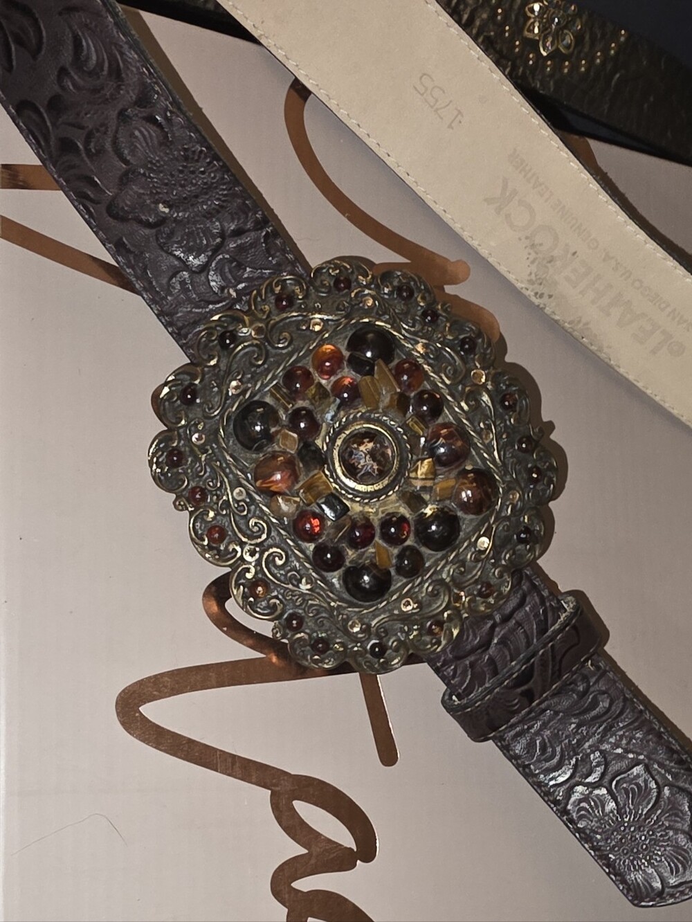 Y2K Vintage Embossed Dark Brown Leather Belt with Amber and Garnet Accents